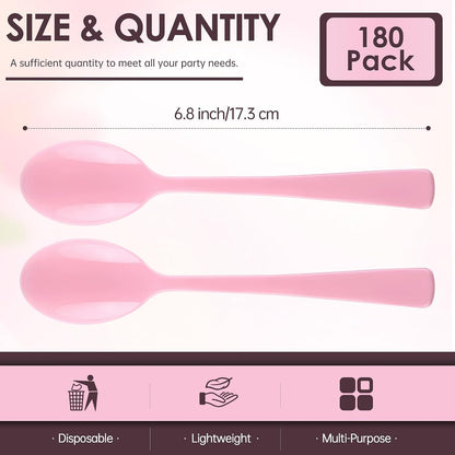 Pink Plastic Spoons 180 Pack, Heavy Duty Disposable Utensils, 6.8 Inch Bulk Party Pink Spoons Cutlery Set for Brithday Wedding Baby Shower Bridal Showe Garden Party Silverware Tableware