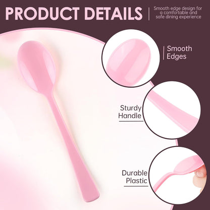 Pink Plastic Spoons 180 Pack, Heavy Duty Disposable Utensils, 6.8 Inch Bulk Party Pink Spoons Cutlery Set for Brithday Wedding Baby Shower Bridal Showe Garden Party Silverware Tableware