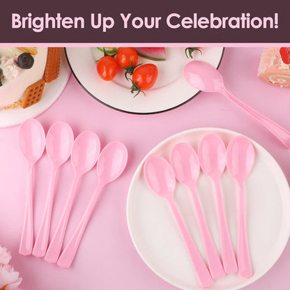 Pink Plastic Spoons 180 Pack, Heavy Duty Disposable Utensils, 6.8 Inch Bulk Party Pink Spoons Cutlery Set for Brithday Wedding Baby Shower Bridal Showe Garden Party Silverware Tableware