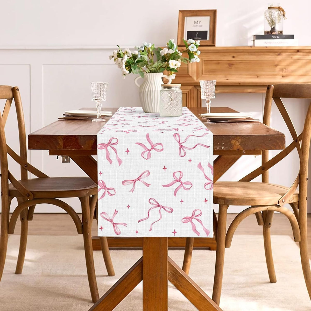 Pink Bow Party Table Runner Valentine's Day Coquette Girls Birthday Party Decoration Tea Wedding Baby Shower Dining Room Home Kitchen Table Decor (Pink, 13" x 72")