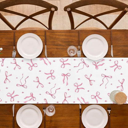 Pink Bow Party Table Runner Valentine's Day Coquette Girls Birthday Party Decoration Tea Wedding Baby Shower Dining Room Home Kitchen Table Decor (Pink, 13" x 72")