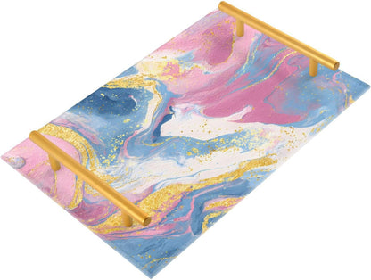 Pastel Pink Blue Marble Print Bathroom Perfume Vanity Tray Acrylic Serving Tray with Handles Decorative Party Platters for Coffee Tea Table Kitchen Countertop