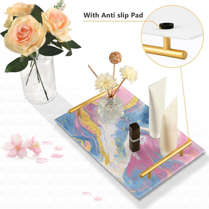 Pastel Pink Blue Marble Print Bathroom Perfume Vanity Tray Acrylic Serving Tray with Handles Decorative Party Platters for Coffee Tea Table Kitchen Countertop