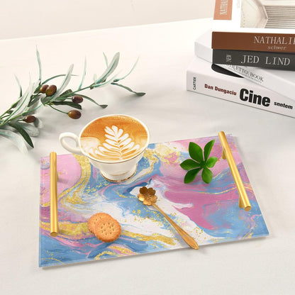 Pastel Pink Blue Marble Print Bathroom Perfume Vanity Tray Acrylic Serving Tray with Handles Decorative Party Platters for Coffee Tea Table Kitchen Countertop