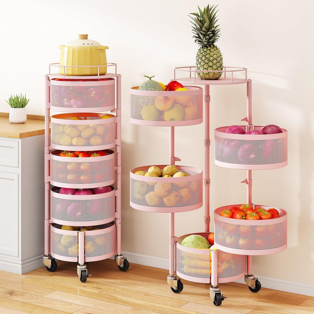 5 Tier Fruit Vegetable Basket Stand for Kitchen, Rotating, Pink