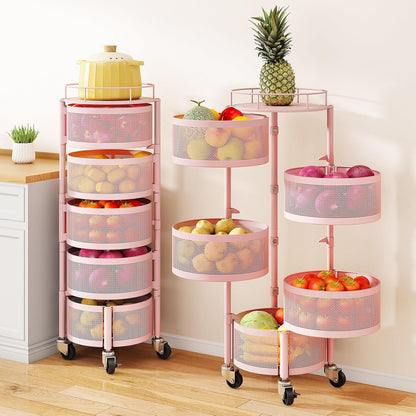 5 Tier Fruit Vegetable Basket Stand for Kitchen, Rotating, Pink