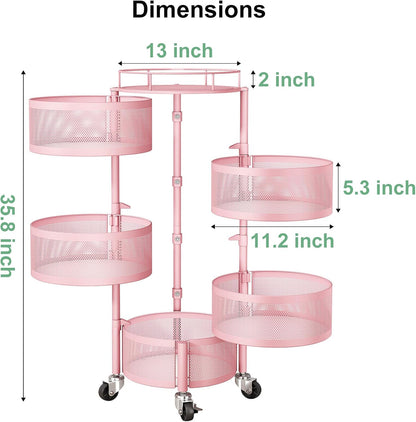 5 Tier Fruit Vegetable Basket Stand for Kitchen, Rotating, Pink