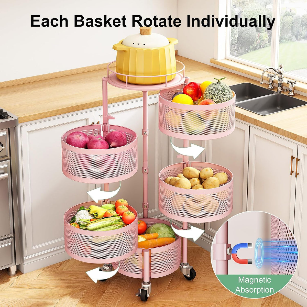 5 Tier Fruit Vegetable Basket Stand for Kitchen, Rotating, Pink
