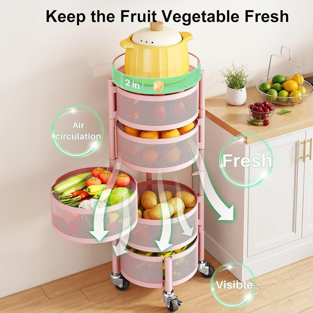 5 Tier Fruit Vegetable Basket Stand for Kitchen, Rotating, Pink