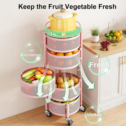 5 Tier Fruit Vegetable Basket Stand for Kitchen, Rotating, Pink