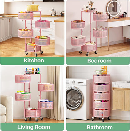 5 Tier Fruit Vegetable Basket Stand for Kitchen, Rotating, Pink