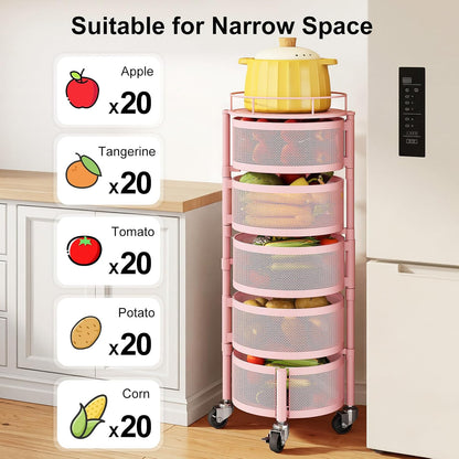 5 Tier Fruit Vegetable Basket Stand for Kitchen, Rotating, Pink