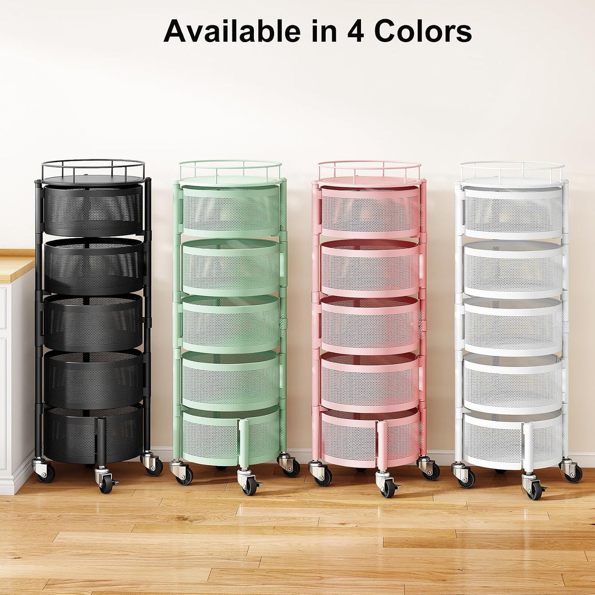 5 Tier Fruit Vegetable Basket Stand for Kitchen, Rotating, Pink