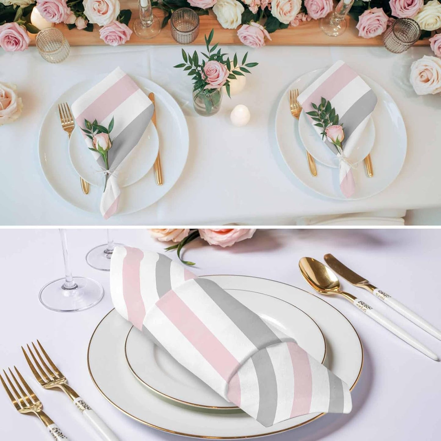 Cloth Napkins Set of 4, Modern Pink Gray White Stripe Dinner Napkins Soft Absorbent Table Napkin for Home Cocktail Party Wedding, Abstract Minimalist Line