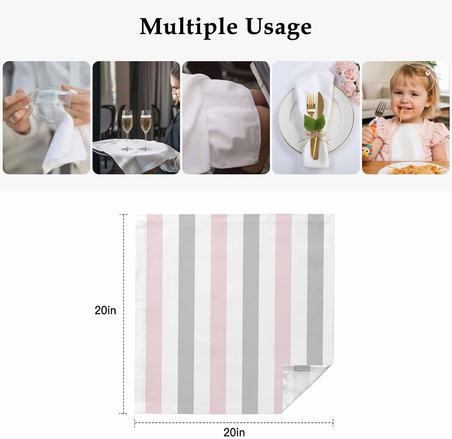 Cloth Napkins Set of 4, Modern Pink Gray White Stripe Dinner Napkins Soft Absorbent Table Napkin for Home Cocktail Party Wedding, Abstract Minimalist Line