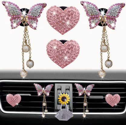 Pink Heart & Butterfly Pandent Air Vent Clips, 4 Pcs Bling Heart Car Air Fresheners Vents Clips Diamond Interior Decor Bling Cute Car Accessories Decoration for Women +Sunflower Mask Hook