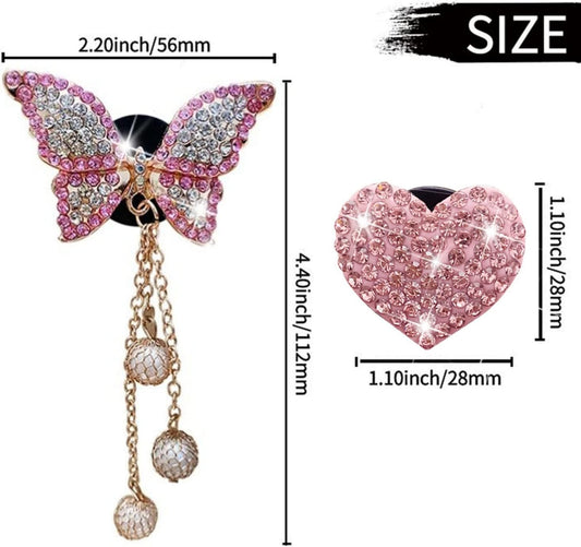 Pink Heart & Butterfly Pandent Air Vent Clips, 4 Pcs Bling Heart Car Air Fresheners Vents Clips Diamond Interior Decor Bling Cute Car Accessories Decoration for Women +Sunflower Mask Hook