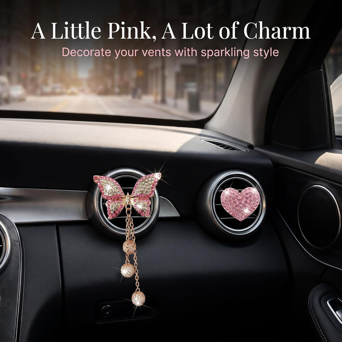 Pink Heart & Butterfly Pandent Air Vent Clips, 4 Pcs Bling Heart Car Air Fresheners Vents Clips Diamond Interior Decor Bling Cute Car Accessories Decoration for Women +Sunflower Mask Hook