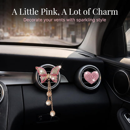 Pink Heart & Butterfly Pandent Air Vent Clips, 4 Pcs Bling Heart Car Air Fresheners Vents Clips Diamond Interior Decor Bling Cute Car Accessories Decoration for Women +Sunflower Mask Hook