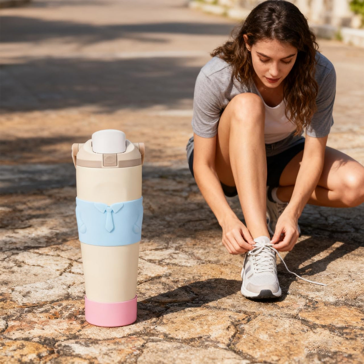 Silicone Water Bottle Boot for Owala FreeSip Sway 30 oz Bottle ，Upper and lower protection Anti-Slip Protective Sleeve w/silicone Coaster (Light Blue/Light Pink, 30 oz)