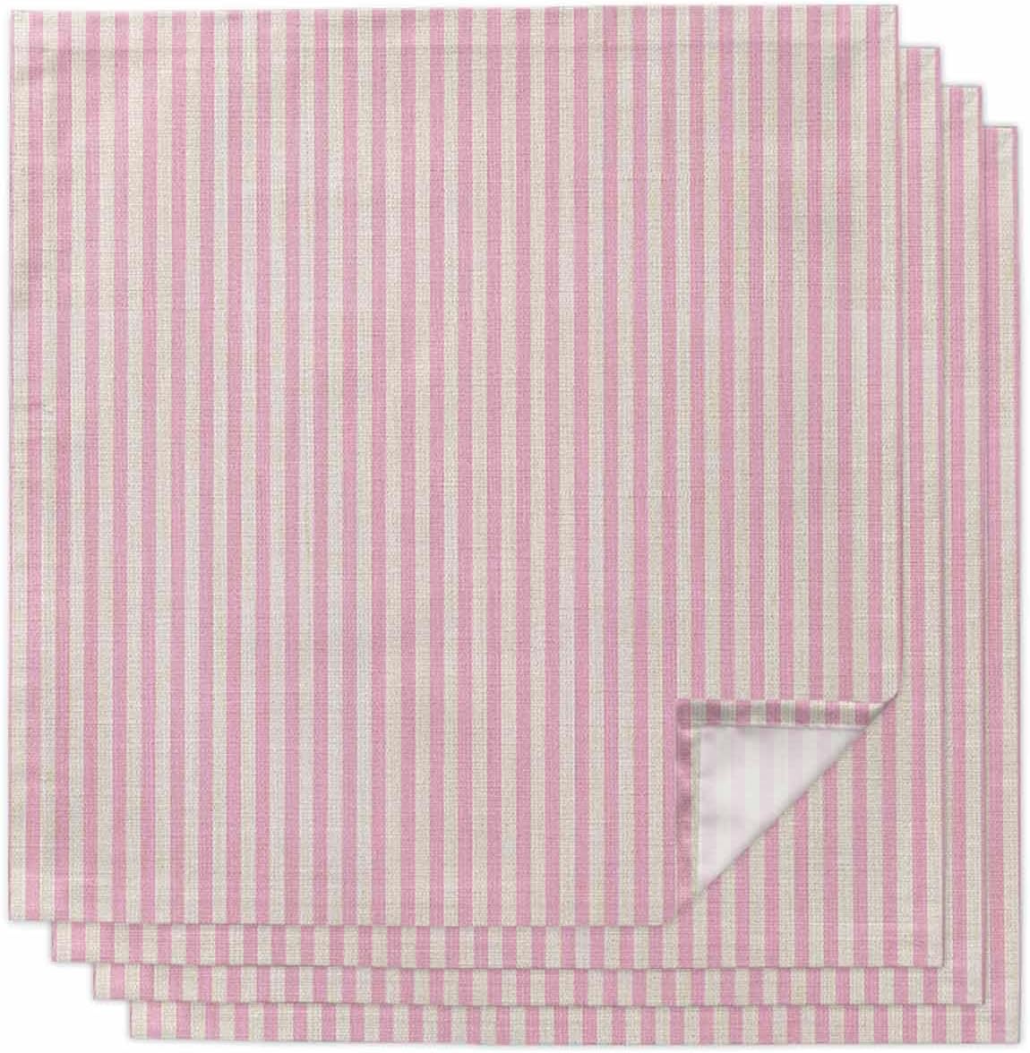 Pink Striped Cloth Napkins Set of 4, Holiday Napkins for Baby Shower, Modern Simple Farmhouse Beige Vintage Washable Reusable Dinner Napkin for Cocktail Wedding Party, 20 x 20 Inch