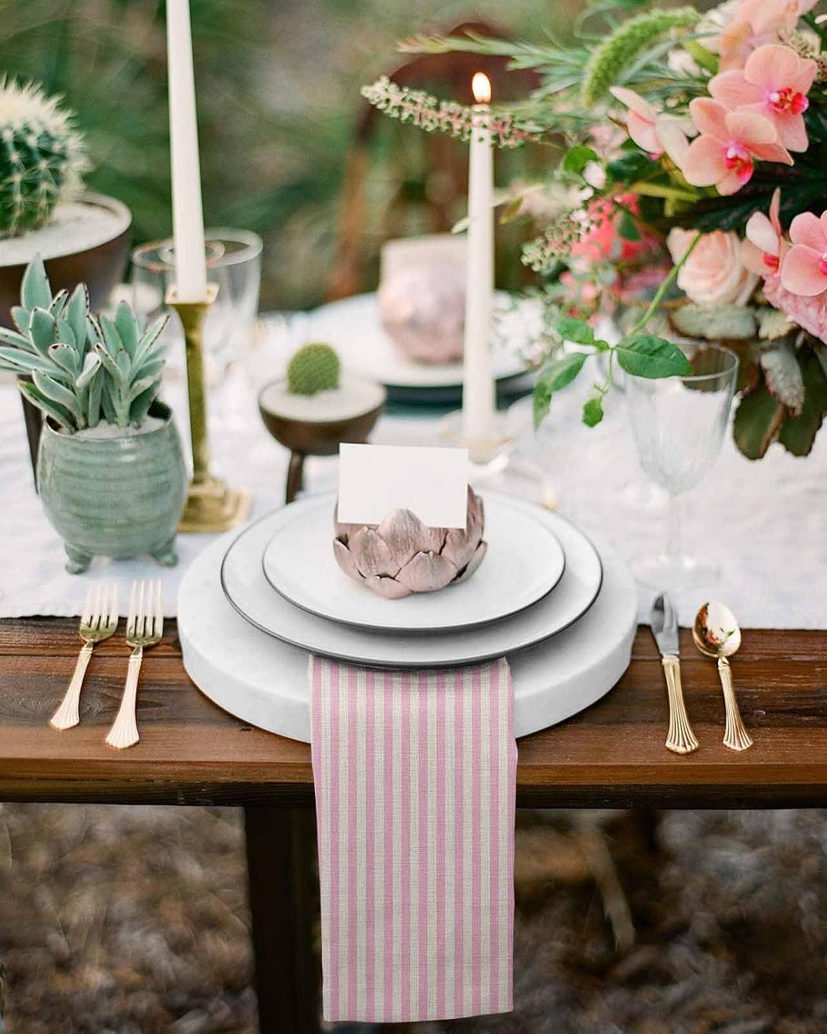 Pink Striped Cloth Napkins Set of 4, Holiday Napkins for Baby Shower, Modern Simple Farmhouse Beige Vintage Washable Reusable Dinner Napkin for Cocktail Wedding Party, 20 x 20 Inch