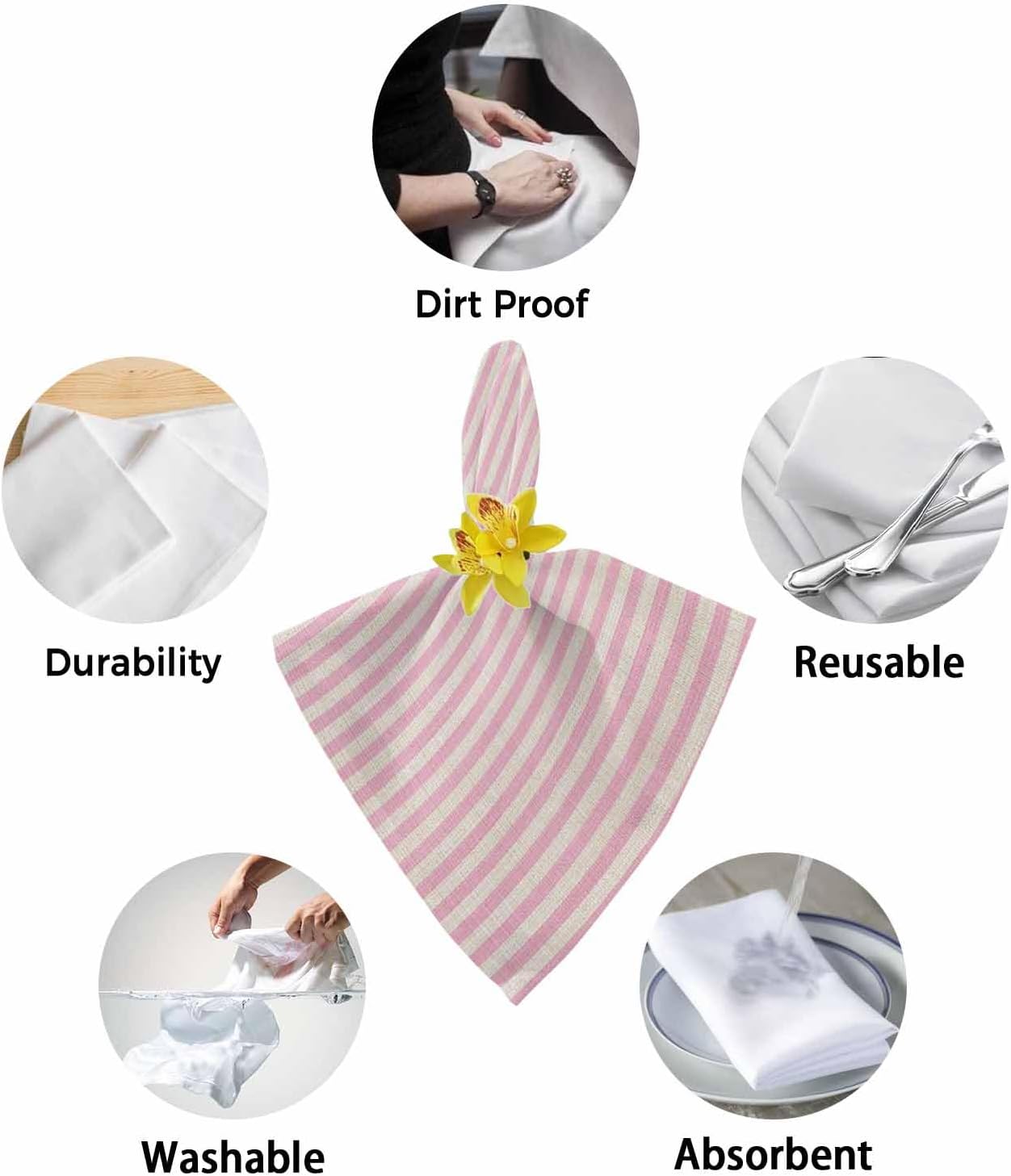 Pink Striped Cloth Napkins Set of 4, Holiday Napkins for Baby Shower, Modern Simple Farmhouse Beige Vintage Washable Reusable Dinner Napkin for Cocktail Wedding Party, 20 x 20 Inch
