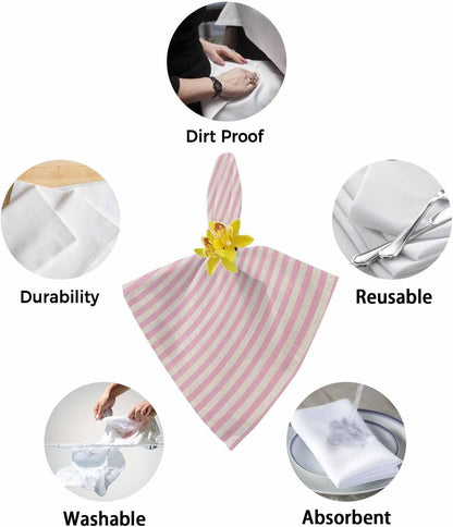 Pink Striped Cloth Napkins Set of 4, Holiday Napkins for Baby Shower, Modern Simple Farmhouse Beige Vintage Washable Reusable Dinner Napkin for Cocktail Wedding Party, 20 x 20 Inch