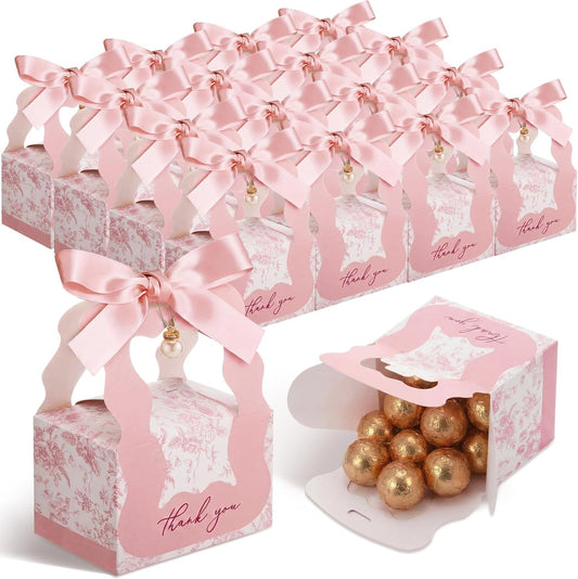 ForraFun 50 Sets Floral Wedding Favor Boxes with Pearl Pendant Bow Ribbon Floral Wedding Party Candy Boxes Bridal Gift for Guests Bridal Shower Birthday Party Anniversary Supplies (Pink)