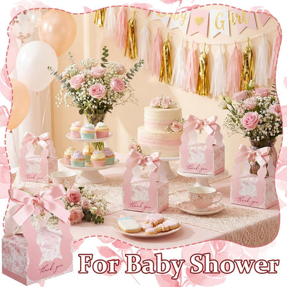 ForraFun 50 Sets Floral Wedding Favor Boxes with Pearl Pendant Bow Ribbon Floral Wedding Party Candy Boxes Bridal Gift for Guests Bridal Shower Birthday Party Anniversary Supplies (Pink)