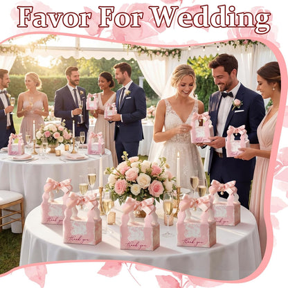 ForraFun 50 Sets Floral Wedding Favor Boxes with Pearl Pendant Bow Ribbon Floral Wedding Party Candy Boxes Bridal Gift for Guests Bridal Shower Birthday Party Anniversary Supplies (Pink)