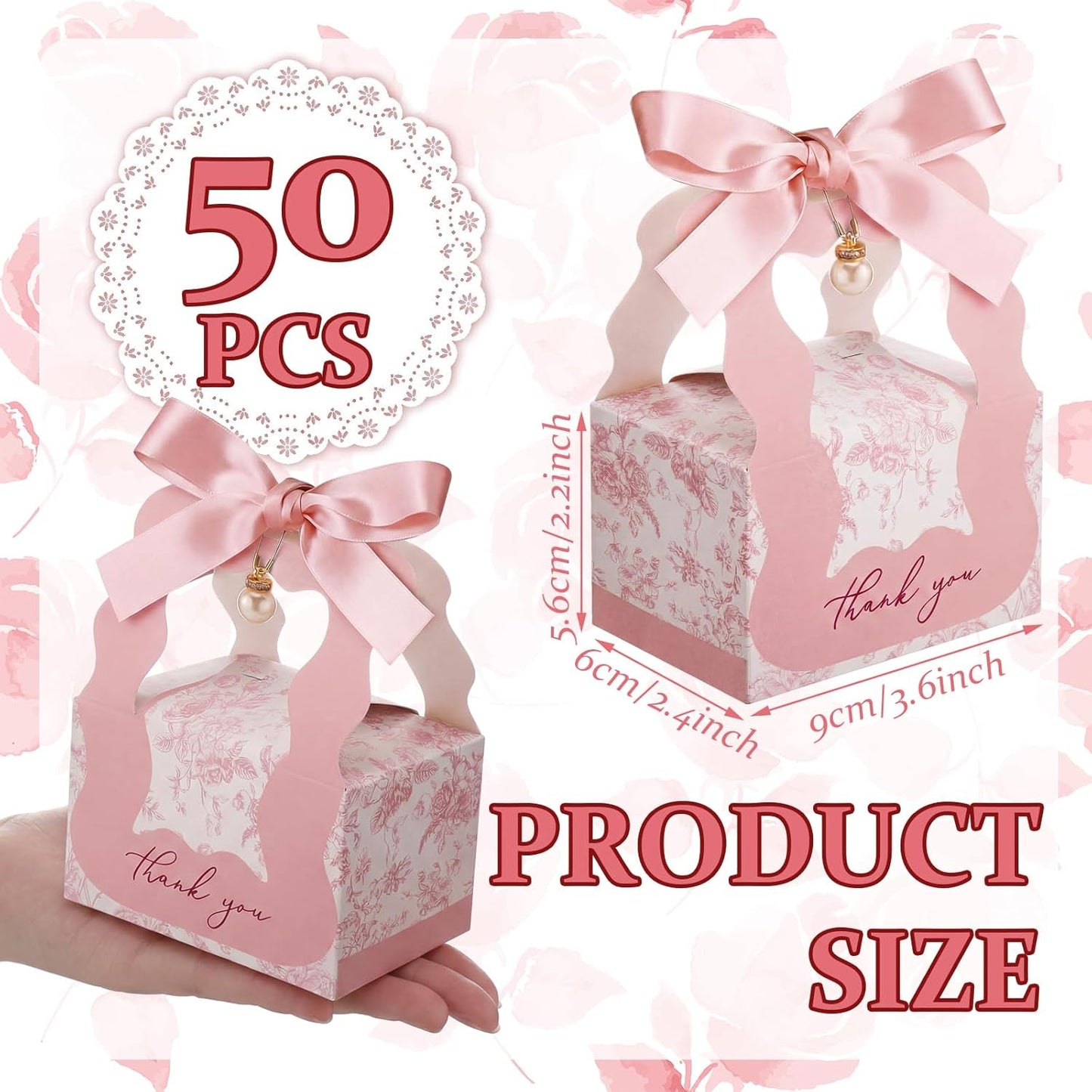 ForraFun 50 Sets Floral Wedding Favor Boxes with Pearl Pendant Bow Ribbon Floral Wedding Party Candy Boxes Bridal Gift for Guests Bridal Shower Birthday Party Anniversary Supplies (Pink)