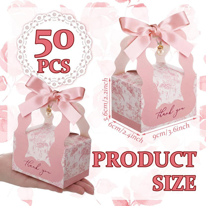 ForraFun 50 Sets Floral Wedding Favor Boxes with Pearl Pendant Bow Ribbon Floral Wedding Party Candy Boxes Bridal Gift for Guests Bridal Shower Birthday Party Anniversary Supplies (Pink)