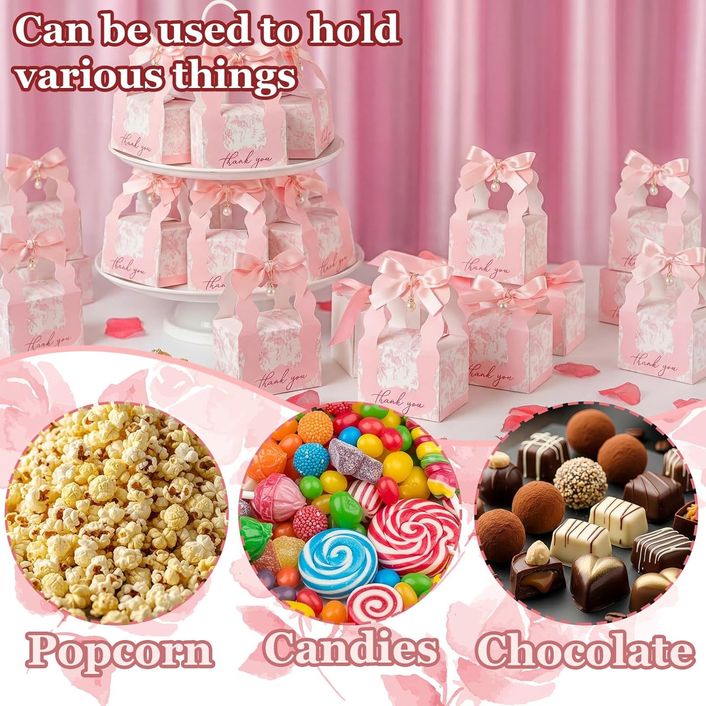 ForraFun 50 Sets Floral Wedding Favor Boxes with Pearl Pendant Bow Ribbon Floral Wedding Party Candy Boxes Bridal Gift for Guests Bridal Shower Birthday Party Anniversary Supplies (Pink)