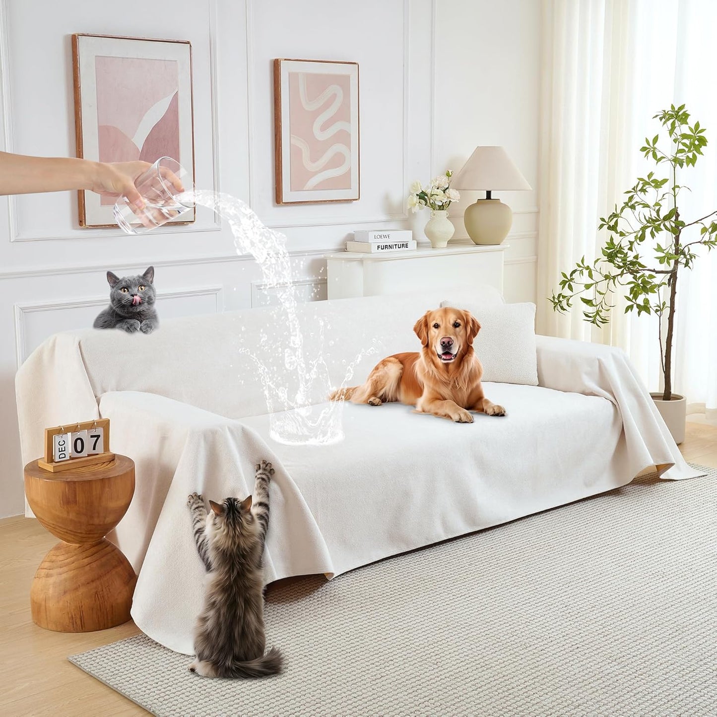 PuTian 100% Waterproof Couch Cover for Dogs - Anti-Scratch Washable Non Slip 2 Cushion Cover Blanket for L Shaped Sectional Recliner Chair Sofa Slipcover for Pet Cats Kids, 71X118 in Creamy