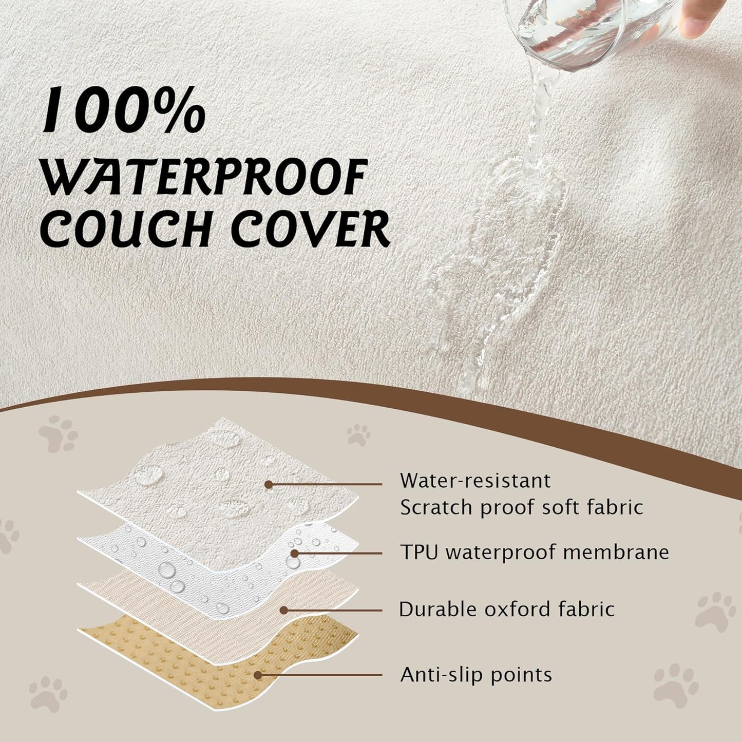 PuTian 100% Waterproof Couch Cover for Dogs - Anti-Scratch Washable Non Slip 2 Cushion Cover Blanket for L Shaped Sectional Recliner Chair Sofa Slipcover for Pet Cats Kids, 71X118 in Creamy