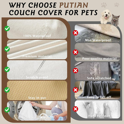 PuTian 100% Waterproof Couch Cover for Dogs - Anti-Scratch Washable Non Slip 2 Cushion Cover Blanket for L Shaped Sectional Recliner Chair Sofa Slipcover for Pet Cats Kids, 71X118 in Creamy