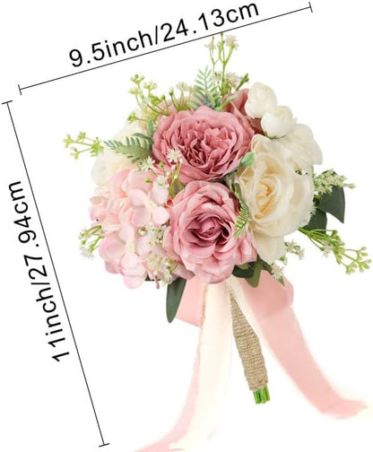 Set of 2 Wedding Bridesmaid Bouquets - 7 Inch Artificial Flowers Bouquets for Ceremony Anniversary Centerpieces Decorations - Pink & White