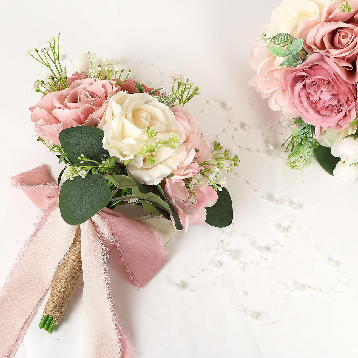 Set of 2 Wedding Bridesmaid Bouquets - 7 Inch Artificial Flowers Bouquets for Ceremony Anniversary Centerpieces Decorations - Pink & White