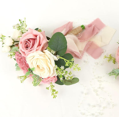 Set of 2 Wedding Bridesmaid Bouquets - 7 Inch Artificial Flowers Bouquets for Ceremony Anniversary Centerpieces Decorations - Pink & White