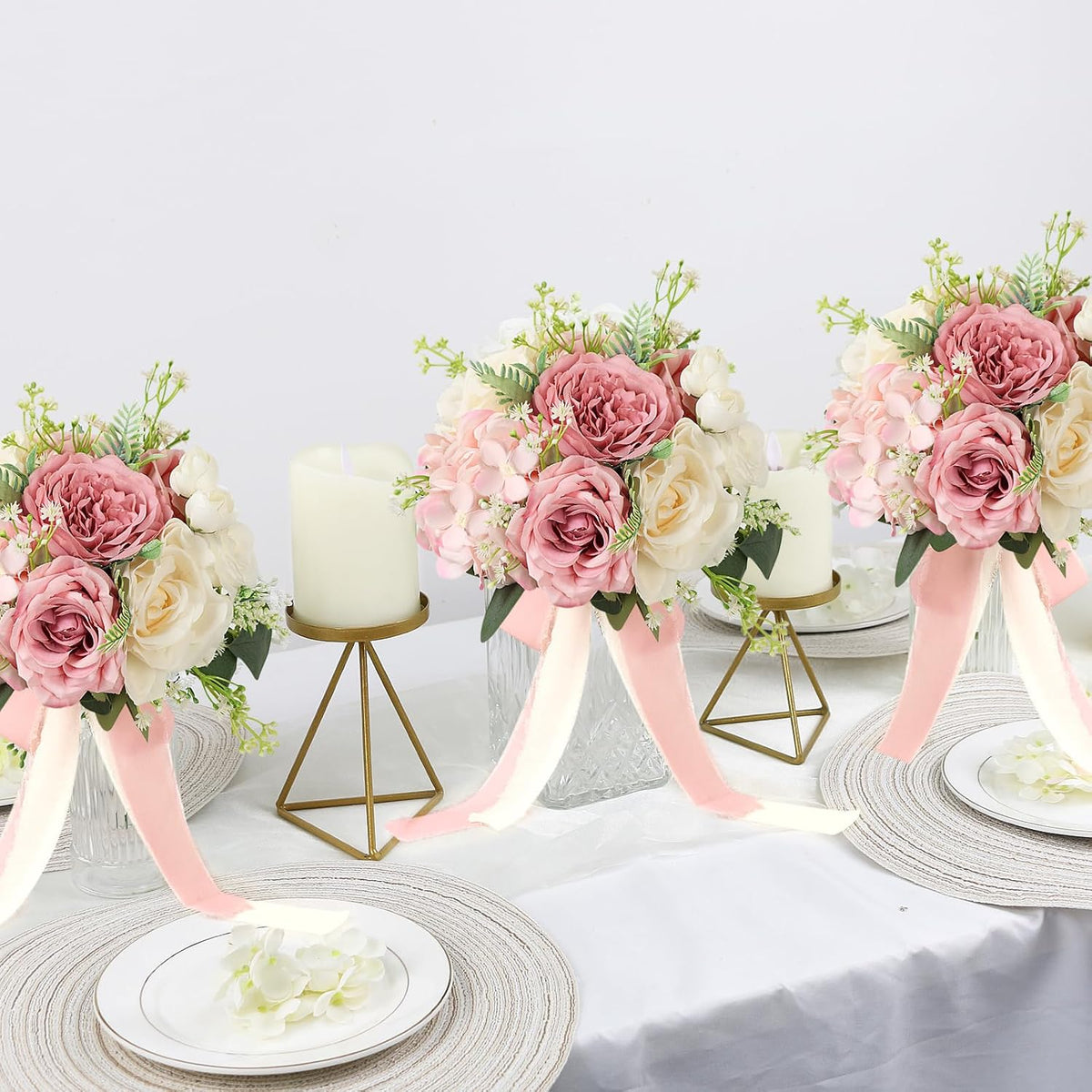 Set of 2 Wedding Bridesmaid Bouquets - 7 Inch Artificial Flowers Bouquets for Ceremony Anniversary Centerpieces Decorations - Pink & White