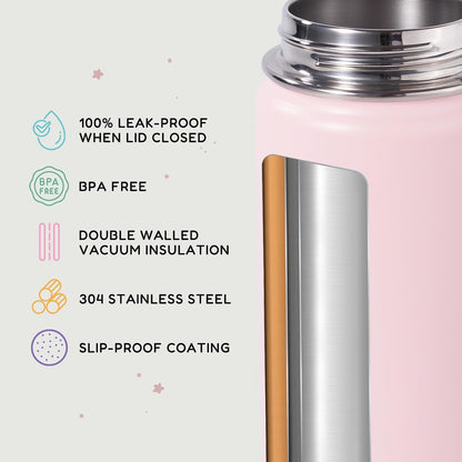 12oz Kids Water Bottle for School, Toddler Bottles with Straws, Stainless Steel Vacuum Insulated Water Bottle for Boys&Girls, Leak-Proof, BPA-Free, Pink