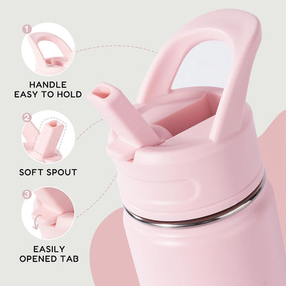 12oz Kids Water Bottle for School, Toddler Bottles with Straws, Stainless Steel Vacuum Insulated Water Bottle for Boys&Girls, Leak-Proof, BPA-Free, Pink