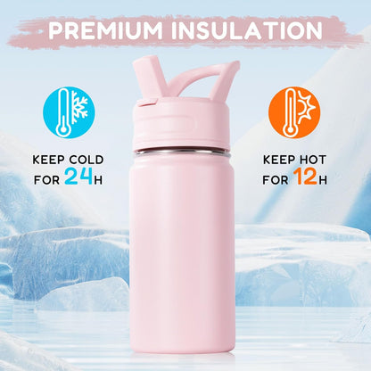12oz Kids Water Bottle for School, Toddler Bottles with Straws, Stainless Steel Vacuum Insulated Water Bottle for Boys&Girls, Leak-Proof, BPA-Free, Pink