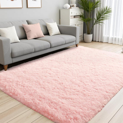 Terrug Pink Fluffy Area Rug for Bedroom, 4x6 Ft Tie-Dyed Shag Throw Rugs, Soft Machine Washable Plush Carpet with Non Slip Backing for Girls Kids Room Bedside Floor Decoration