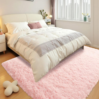 Terrug Pink Fluffy Area Rug for Bedroom, 4x6 Ft Tie-Dyed Shag Throw Rugs, Soft Machine Washable Plush Carpet with Non Slip Backing for Girls Kids Room Bedside Floor Decoration