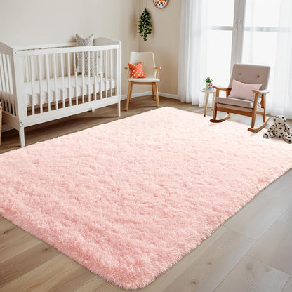 Terrug Pink Fluffy Area Rug for Bedroom, 4x6 Ft Tie-Dyed Shag Throw Rugs, Soft Machine Washable Plush Carpet with Non Slip Backing for Girls Kids Room Bedside Floor Decoration