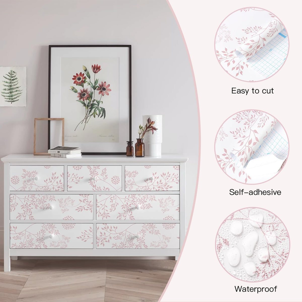 Heroad Boho Peel and Stick Wallpaper Pink Floral Contact Paper 17.3"x78.7" Leaf Wall Paper Removable Self Adhesive Wallpaper for Cabinet Bathroom Waterproof Nursery Decor Vinyl Papel Tapiz para Pared
