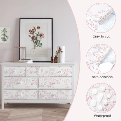 Heroad Boho Peel and Stick Wallpaper Pink Floral Contact Paper 17.3"x78.7" Leaf Wall Paper Removable Self Adhesive Wallpaper for Cabinet Bathroom Waterproof Nursery Decor Vinyl Papel Tapiz para Pared