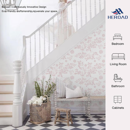 Heroad Boho Peel and Stick Wallpaper Pink Floral Contact Paper 17.3"x78.7" Leaf Wall Paper Removable Self Adhesive Wallpaper for Cabinet Bathroom Waterproof Nursery Decor Vinyl Papel Tapiz para Pared